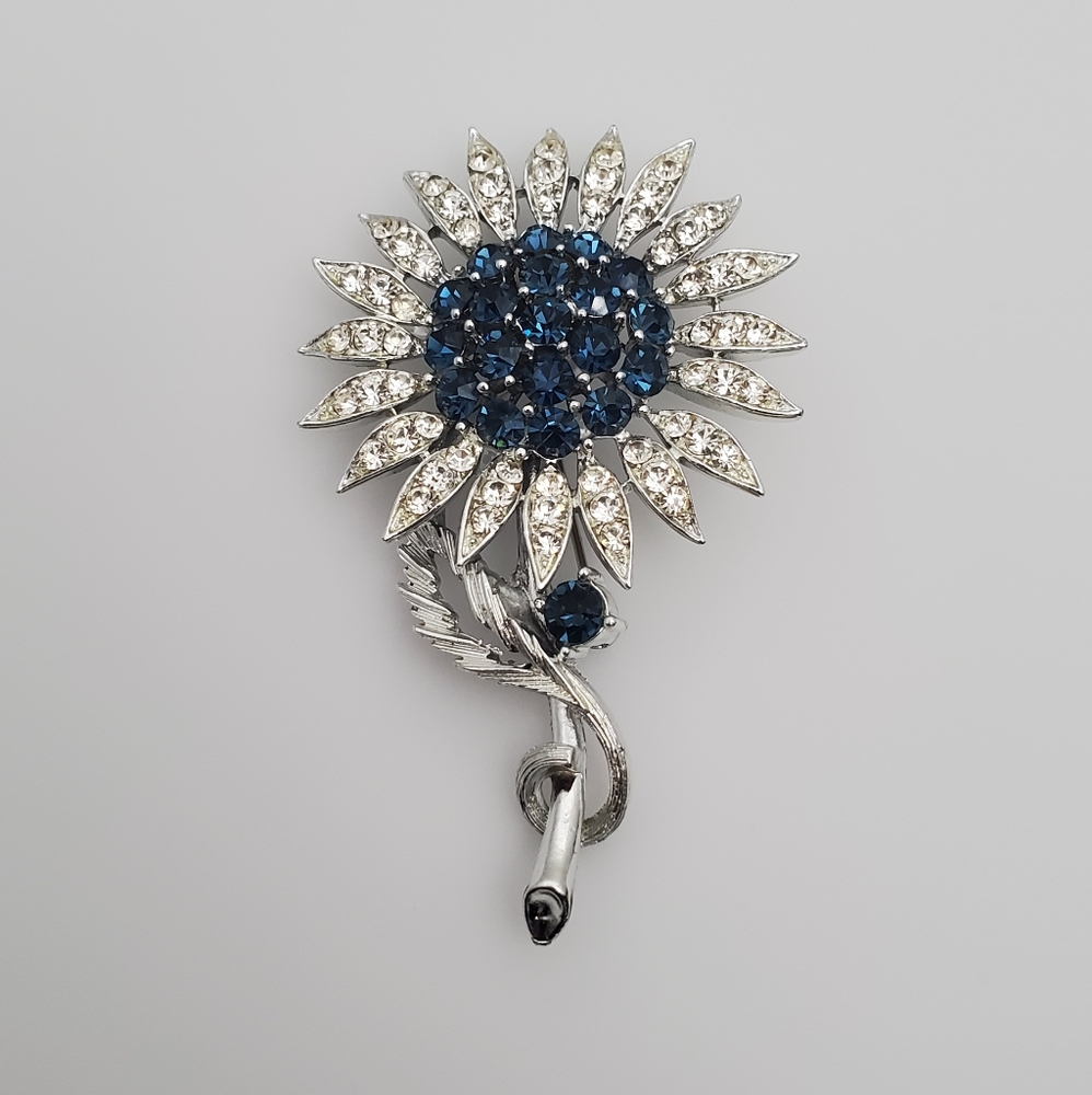 Vintage Blue and White Rhinestone Sunflower Brooch